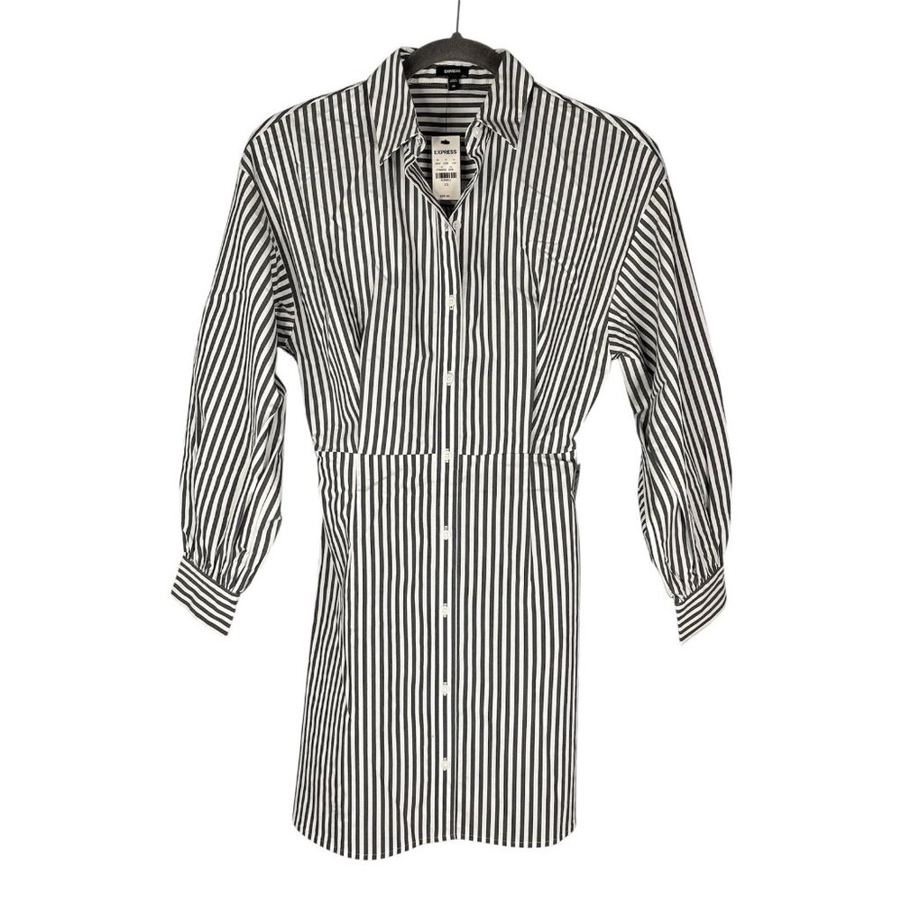 EXPRESS Women's Gray White Stripe Fit & Flare Long Sleeve Shirt Dress NWT XS
